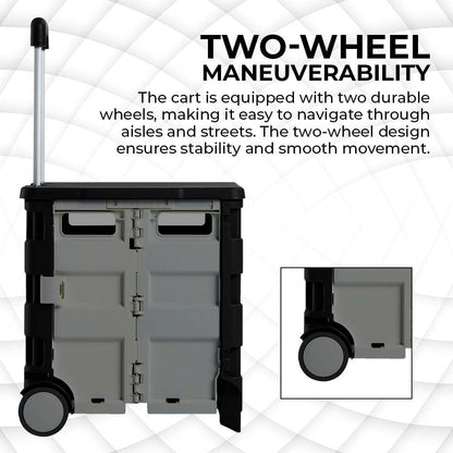 Berry 40KG Foldable Shopping Trolley, Plastic Trolley Cart with 2 Wheels and Lid, Portable Cart, Grey and Black