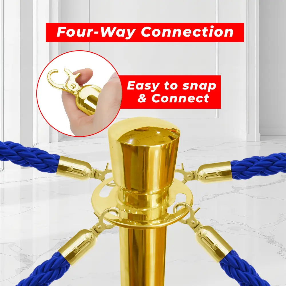 Gold four-way connection with blue ropes 