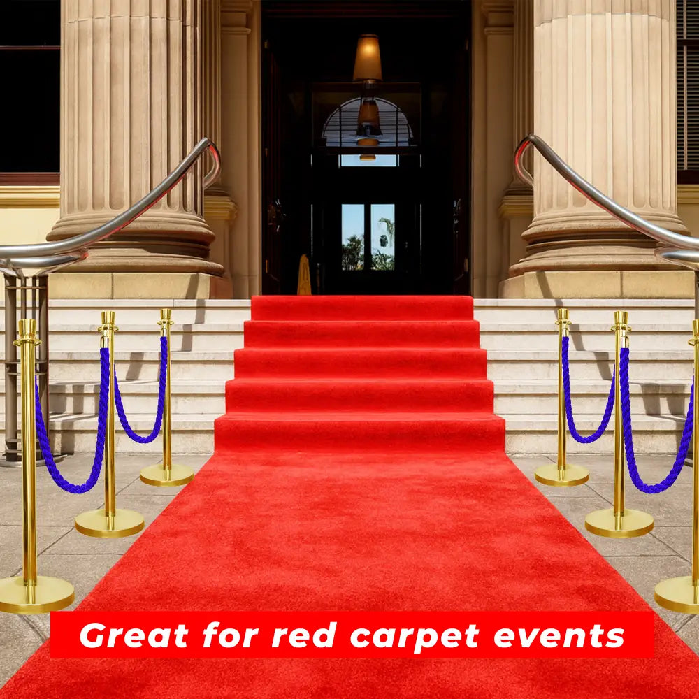 Red carpet leading to a building entrance with gold stanchions and blue ropes