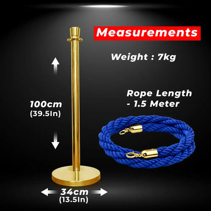 Gold stand with blue rope and measurements