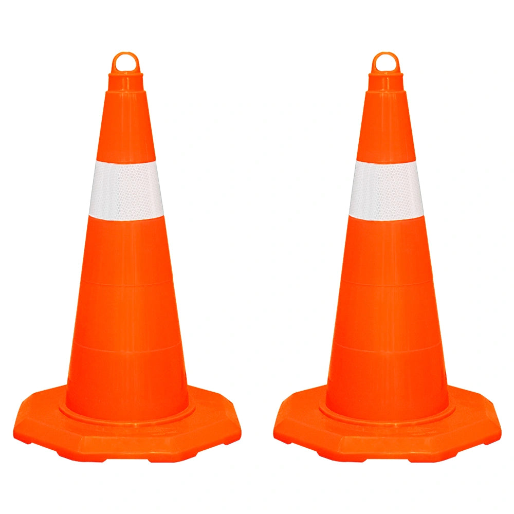 Two orange traffic cones with white stripes 