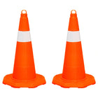 Two orange traffic cones with white stripes 