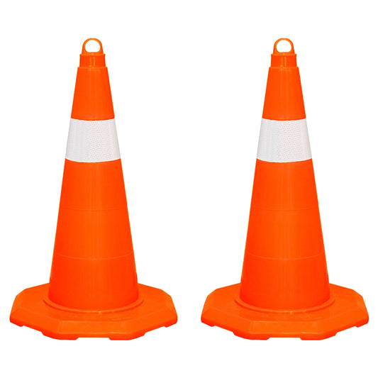 Two orange traffic cones with white stripes 
