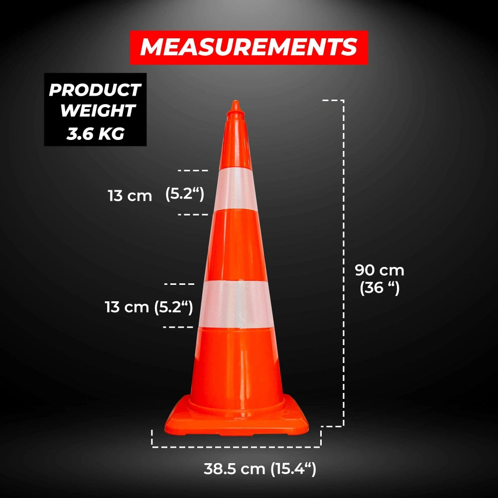 Orange traffic cone with measurements