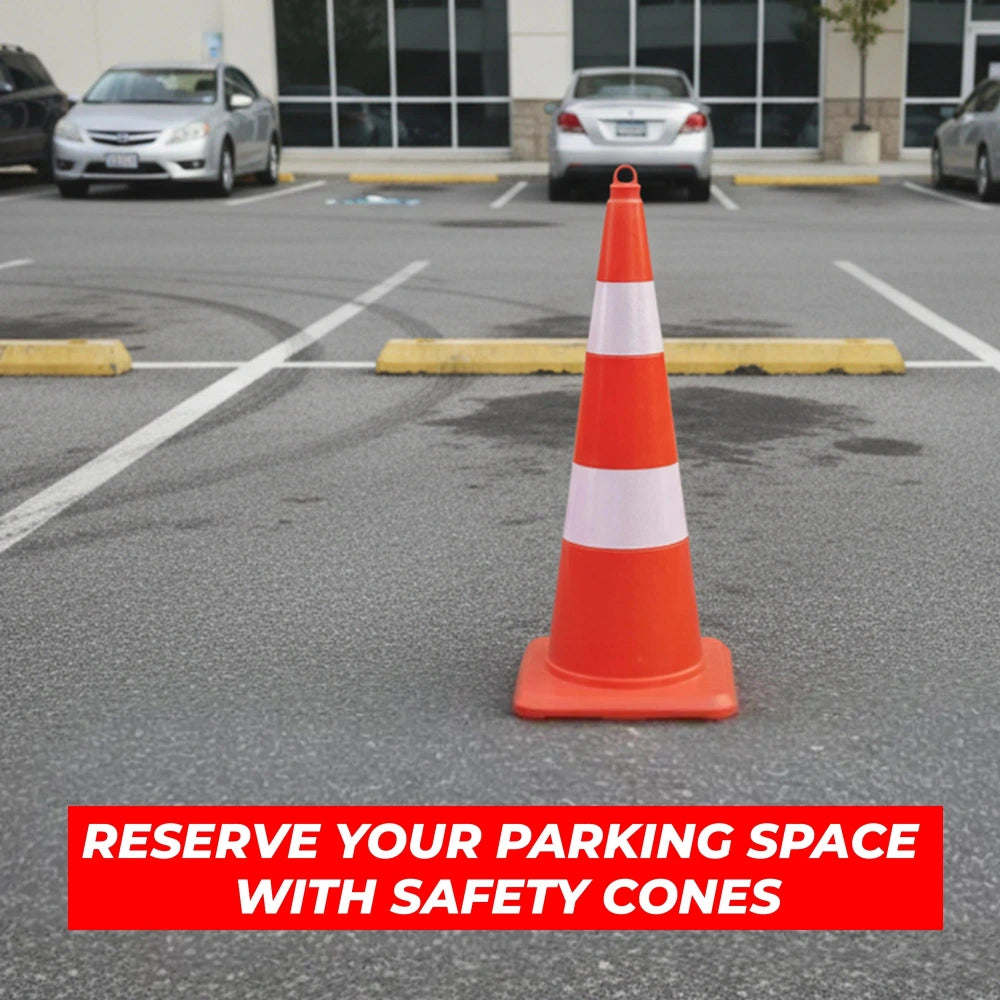 Orange safety cone on a parking lot