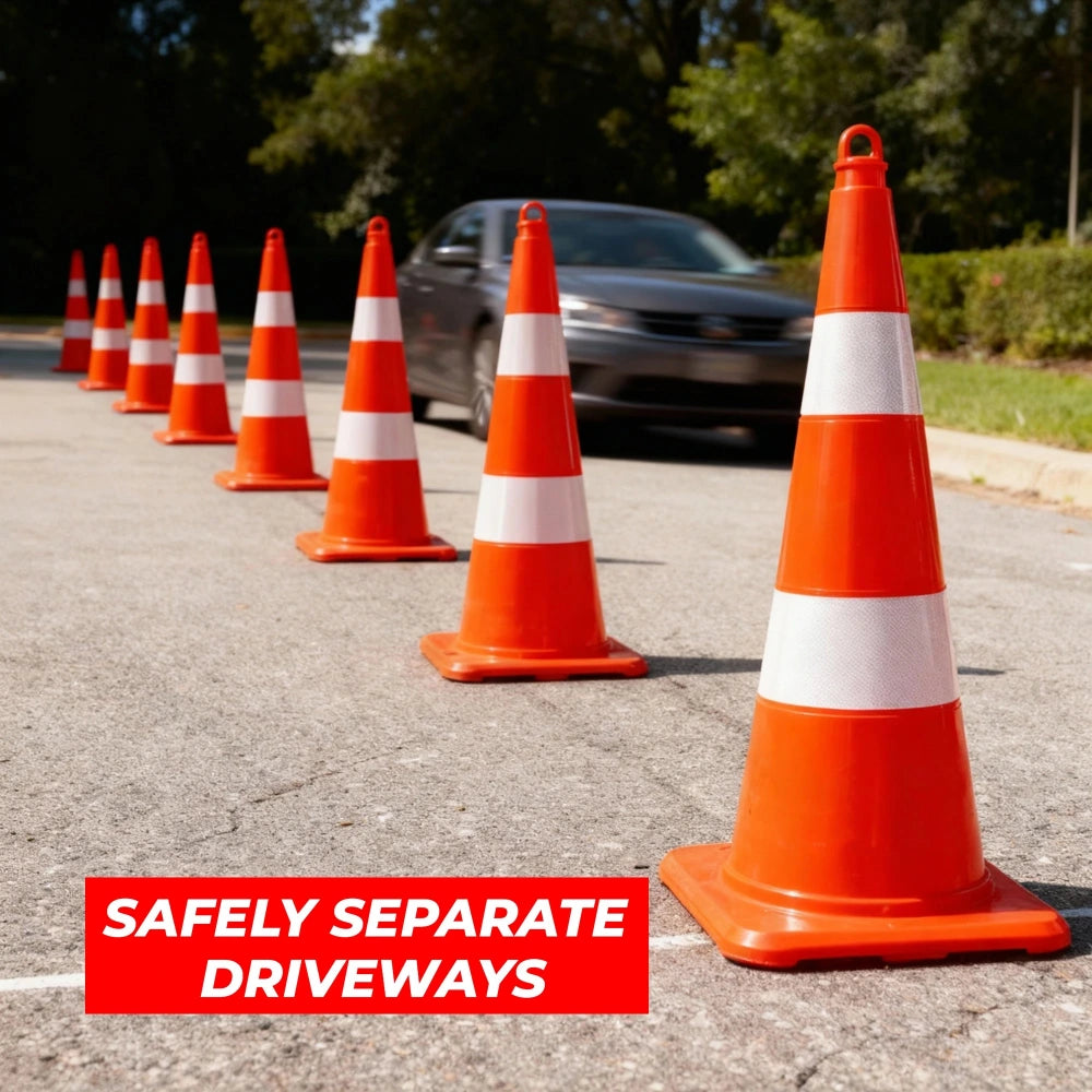 Row of orange traffic cones on a driveway
