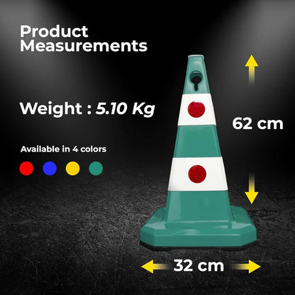 Green traffic cone with measurements