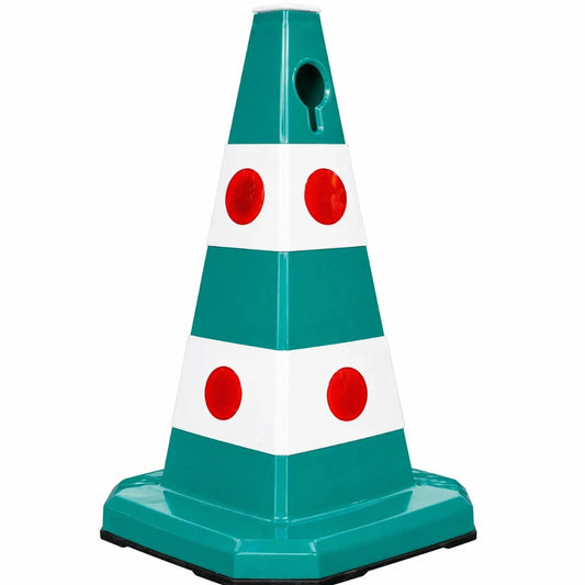 Green traffic cone with red dots 