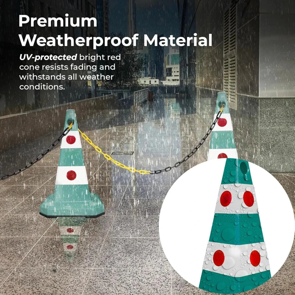 Two traffic cones with a chain between them on a wet pavement, 