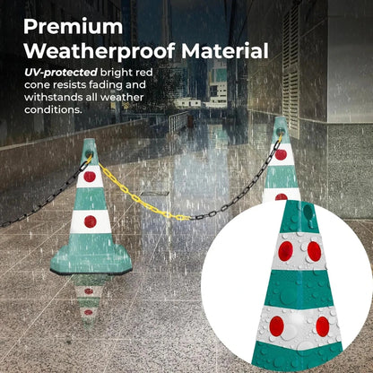 Two traffic cones with a chain between them on a wet pavement, 