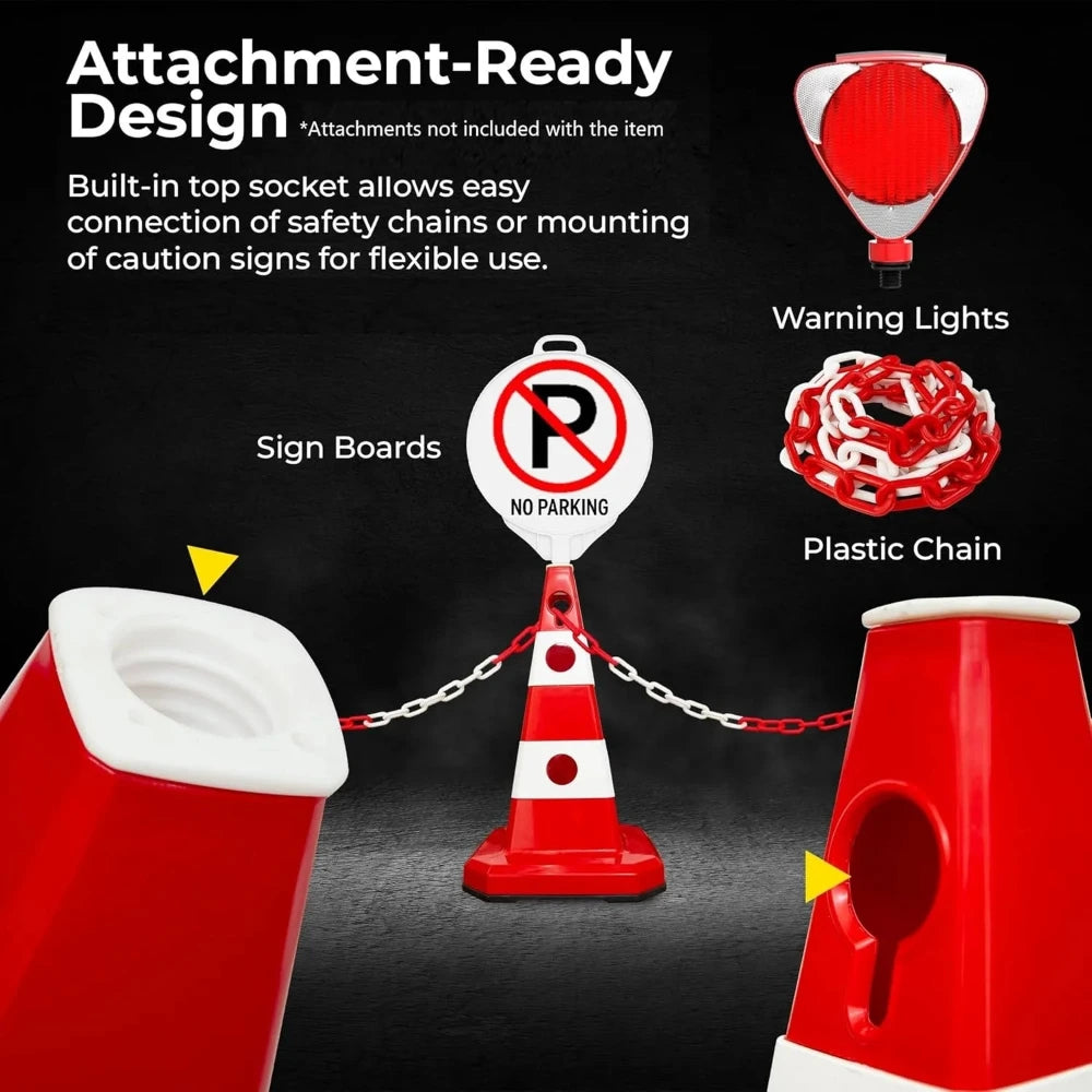 Red and white traffic cone with attachments for warning lights, sign boards, and plastic chain 