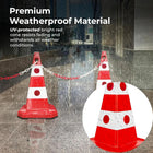 Red and white traffic cones with weatherproof material feature