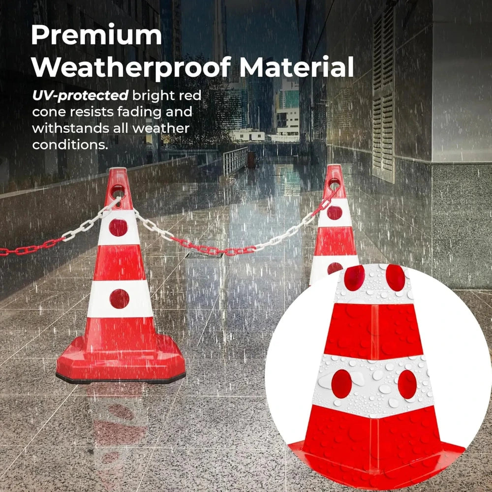 Red and white traffic cones with weatherproof material feature