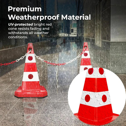 Red and white traffic cones with weatherproof material feature