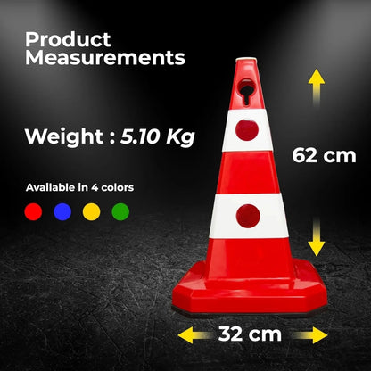 Red traffic cone with measurements background