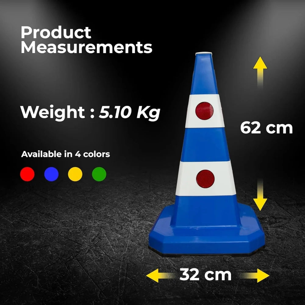 Blue traffic cone with measurements 