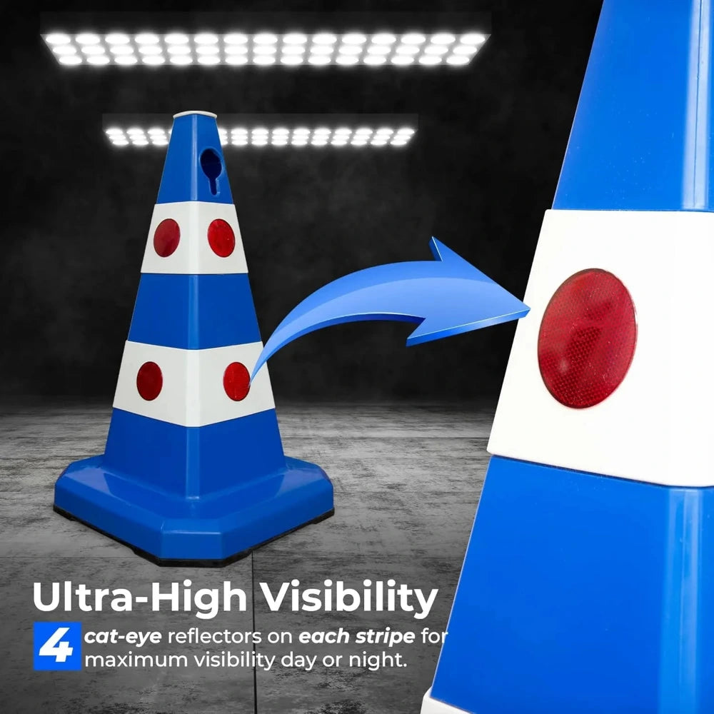 Blue traffic cone with red and white stripes