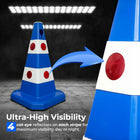 Blue traffic cone with red and white stripes