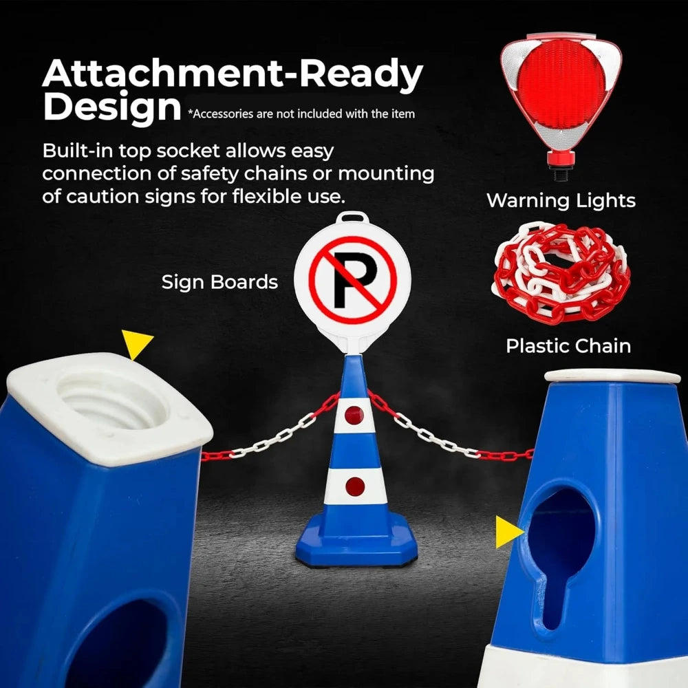 Blue and white traffic cone with warning lights