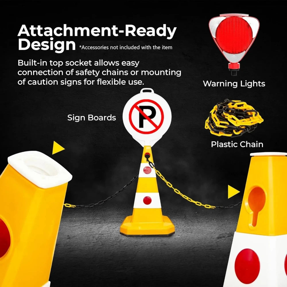 Yellow traffic cone with safety accessories