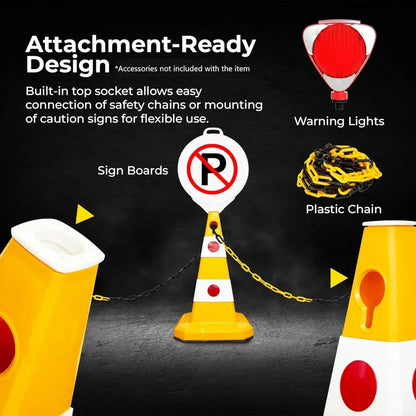 Yellow traffic cone with safety accessories