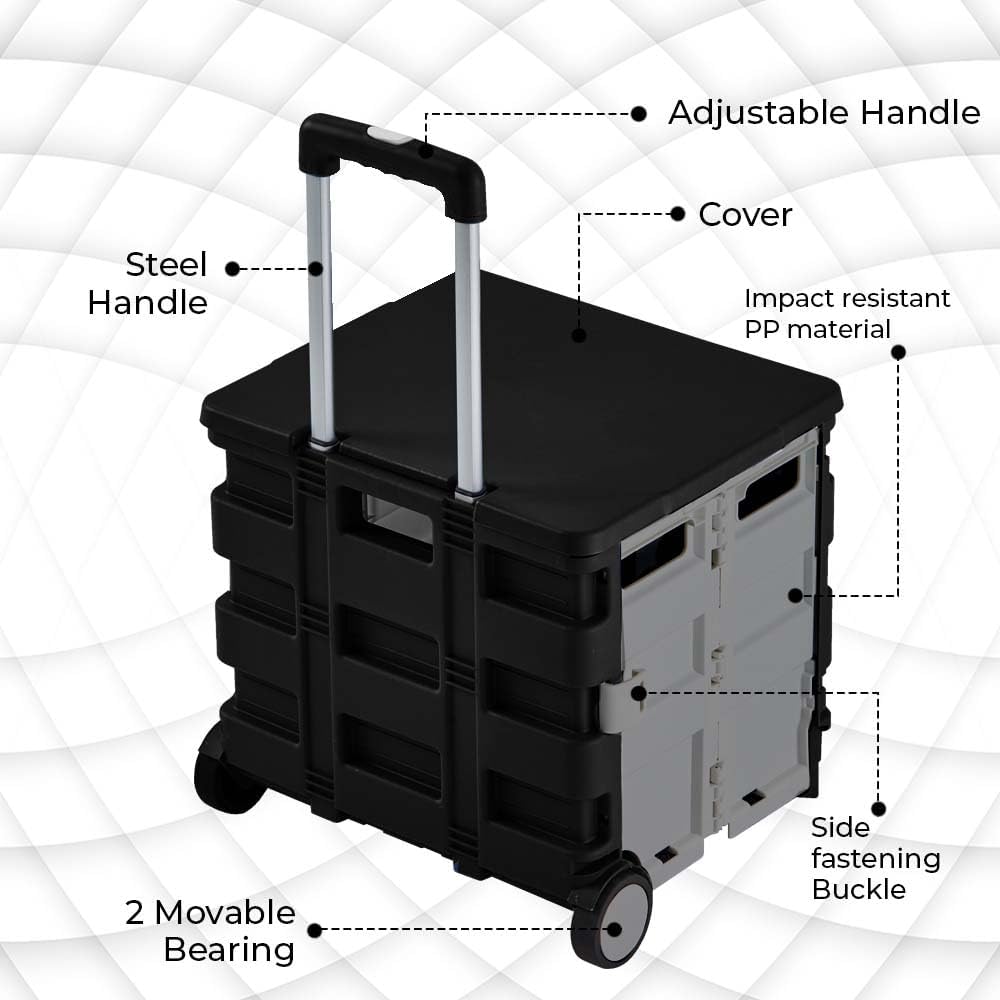 Berry 40KG Foldable Shopping Trolley, Plastic Trolley Cart with 2 Wheels and Lid, Portable Cart, Grey and Black