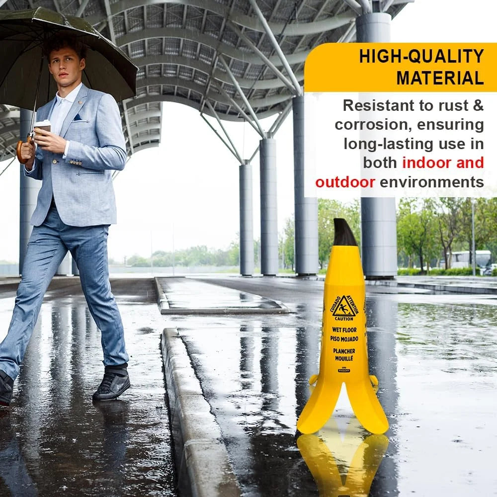yellow banana cone caution sign for wet floor hazard warning