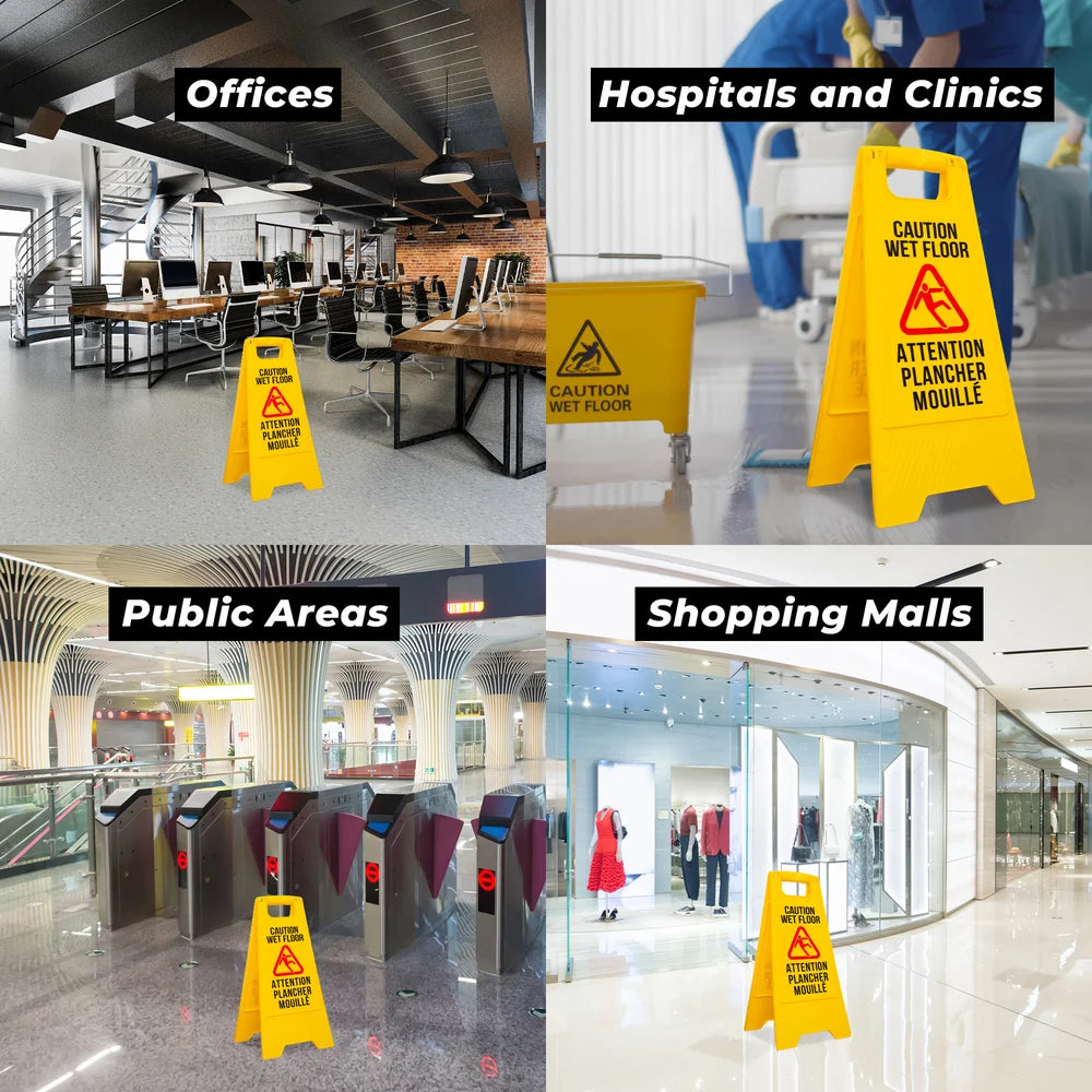 yellow wet floor sign with english and french warning text