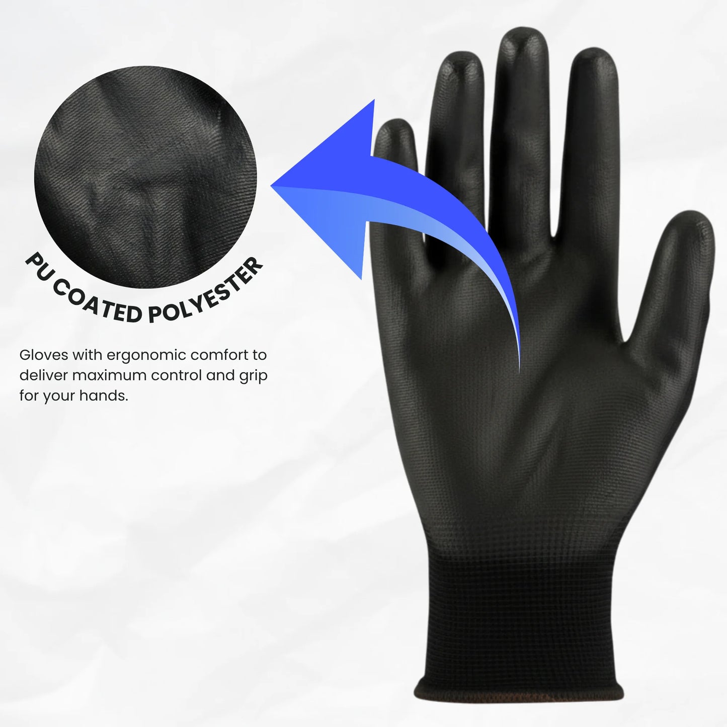 Close-up of Berry work glove’s palm showing black PU-coated non-slip grip texture