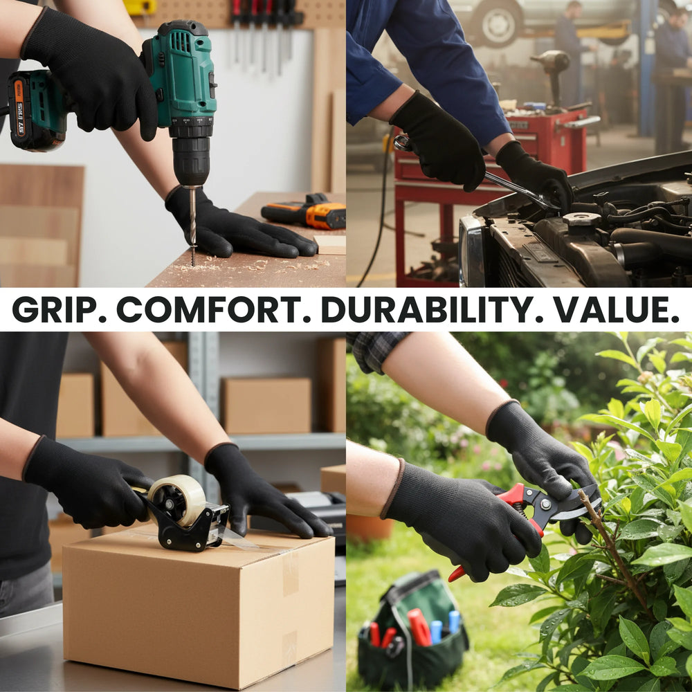 Worker wearing Berry black XL work gloves while lifting a cardboard box applications