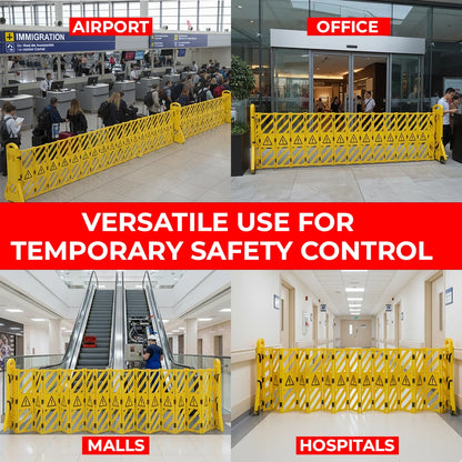 yellow expandable crowd control barrier for public areas