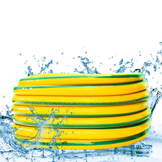 Yellow garden hose with green stripe on a white background