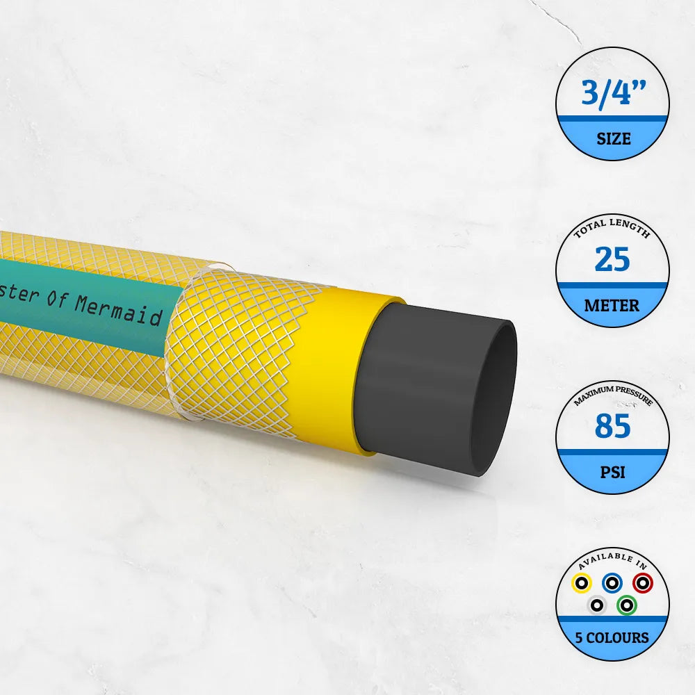 Yellow hose with black end on a white background, featuring product details.
