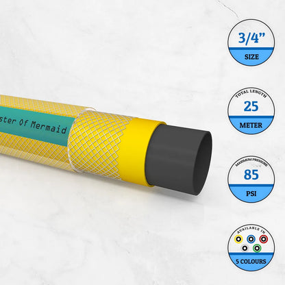 Yellow hose with black end on a white background, featuring product details.